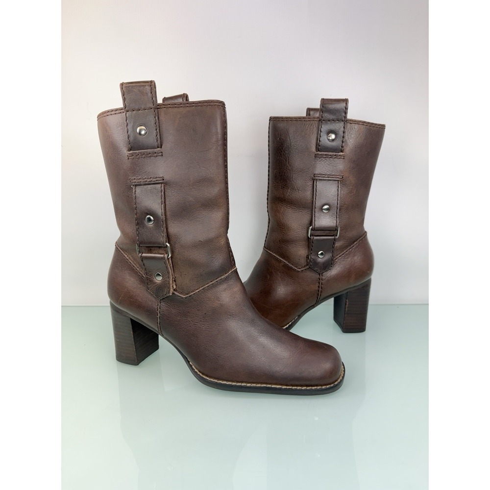 Vintage Y2K Aerosoles Brown Square Toe Buckle Mid Calf Pull On Chunky Boot Sz 6‎